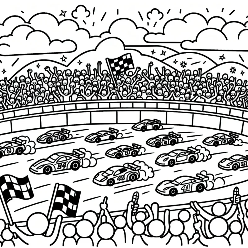 Dessinez et colorez une scène passionnante de voitures de course sur une piste animée, pleine de foule, de bruit, d'enthousiasme et de joie.
