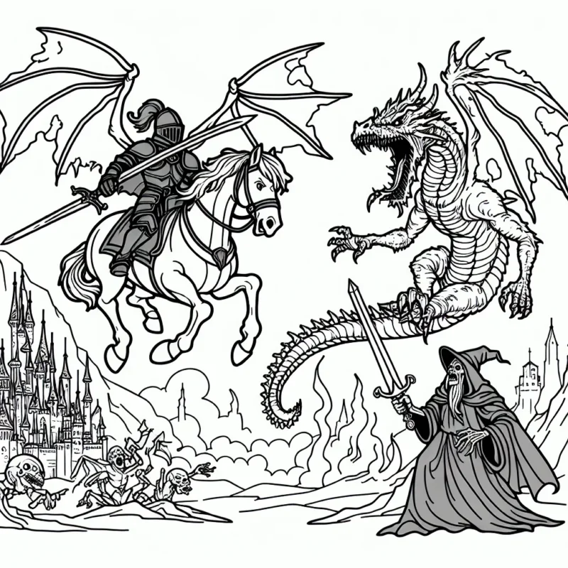 Imagine un chevalier courageux chevauchant un dragon féroce, combattant un sorcier maléfique dans un paysage de forteresse effrayante