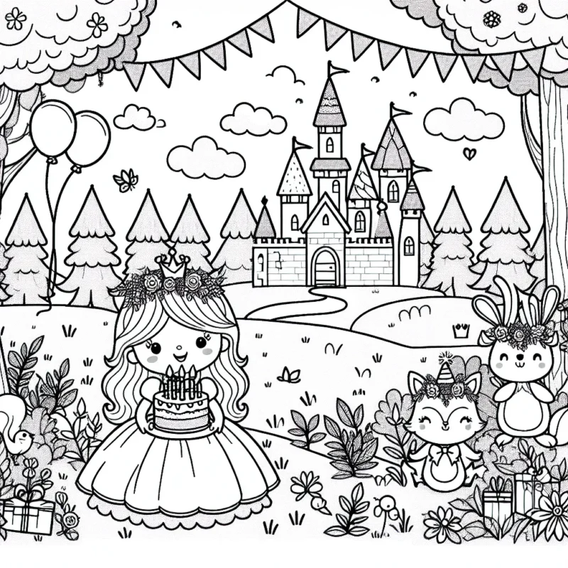 C'est l'anniversaire de la Petite Princesse dans son royaume enchanté. Les animaux de la forêt sont venus célébrer avec elle. Aide à embellir cette scène en ajoutant tes couleurs préférées !