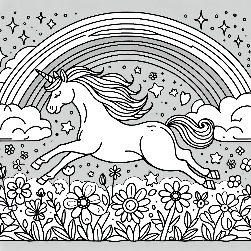 Merveilleuse licorne courant dans un champ de fleurs avec un arc-en-ciel dans le ciel étoilé