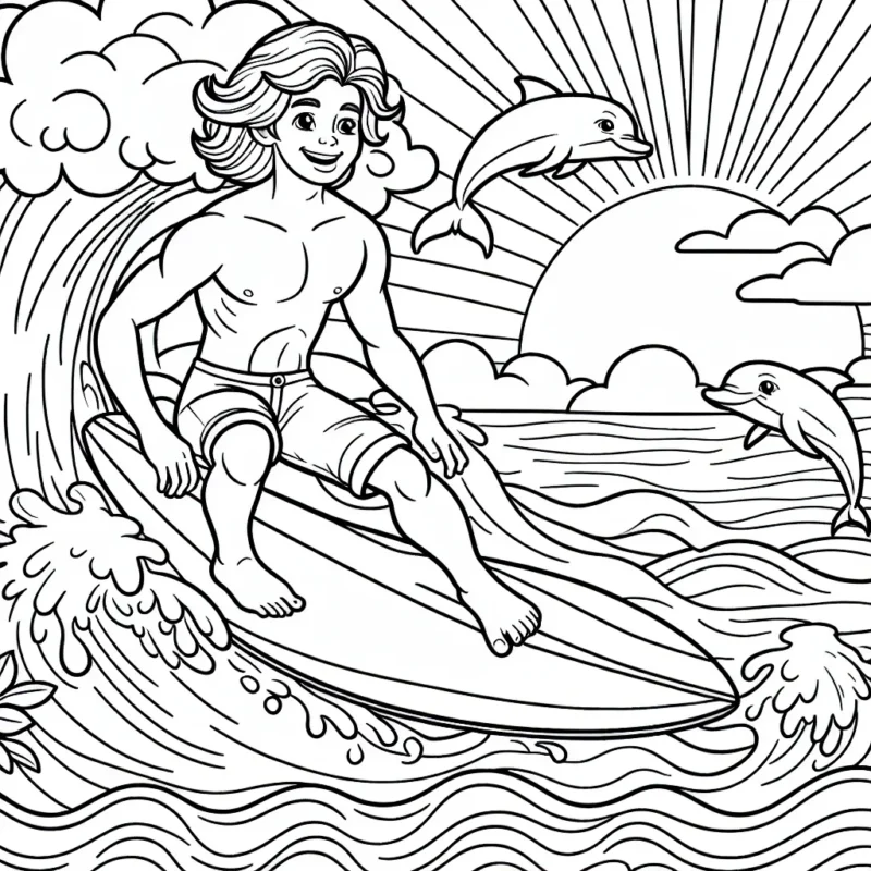 Dessiner un jeune surfeur en train de chevaucher une gigantesque vague, avec des dauphins qui sautent autour de lui et un soleil couchant à l'horizon.