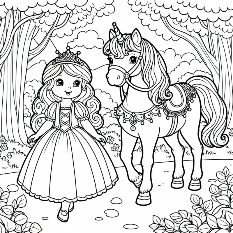 Jolie Princesse marchant avec son noble poney dans un jardin enchanté.