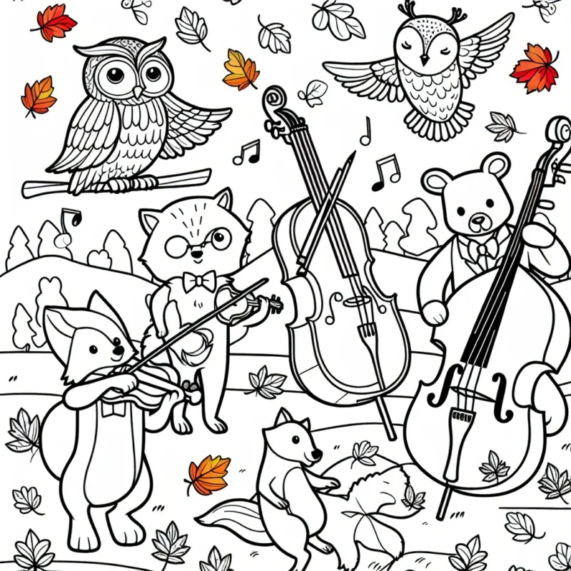 Dans un paysage d'automne, des animaux forment un orchestre. Le hibou est le chef d'orchestre, le renard joue du violon, l'ours de la contrebasse et l'écureuil de la flûte. Les feuilles multicolores volent autour d'eux au rythme de la musique.