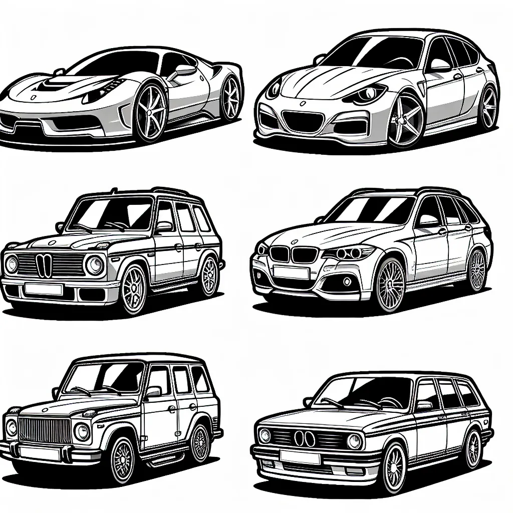 Imagine un coloriage qui représente des voitures de différentes marques connues comme une Ferrari rouge, une BMW bleue, une Audi noire et une Mercedes verte.