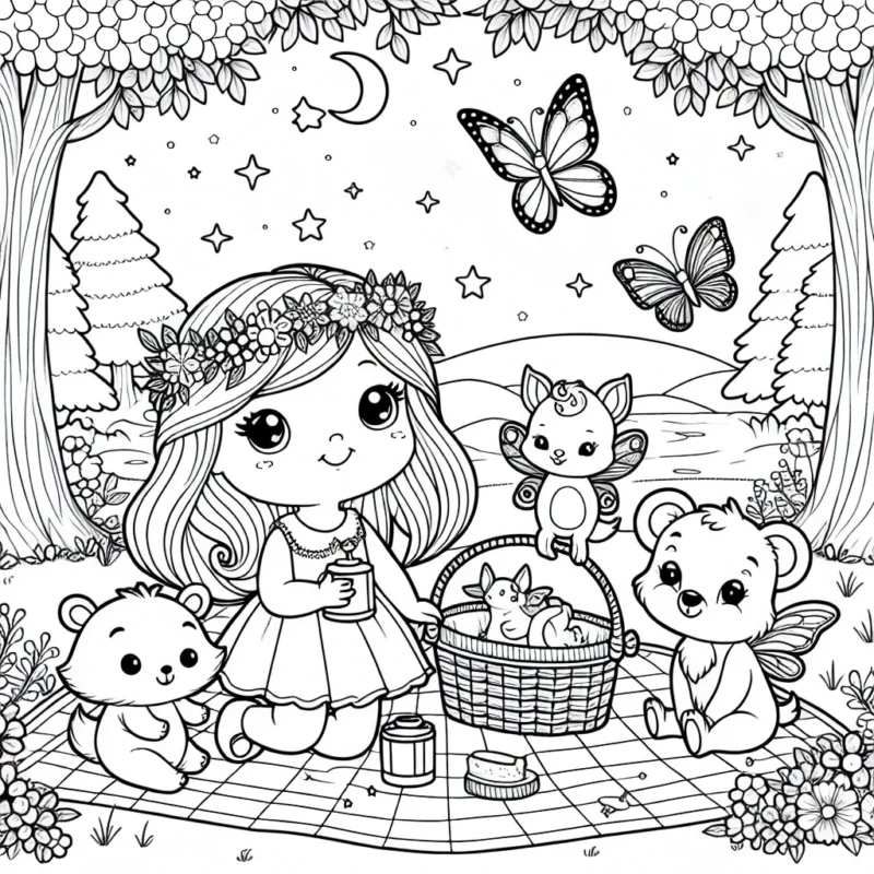 Un beau jour d'été, une petite fée a invité ses amis animaux pour pique-niquer dans la clairière magique. Peux-tu colorier cette merveilleuse journée ?