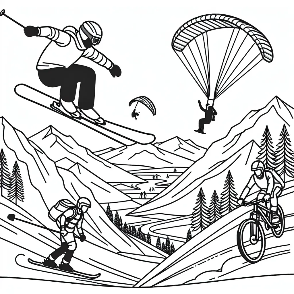 Dans un décor montagneux, un skieur s'élance d'un haut sommet, sur sa gauche, un snowboarder est en plein saut acrobatique. Au loin, on peut apercevoir des parapentistes dans le ciel et un vététiste dévale un sentier escarpé. Chaque sportif porte un équipement différent.