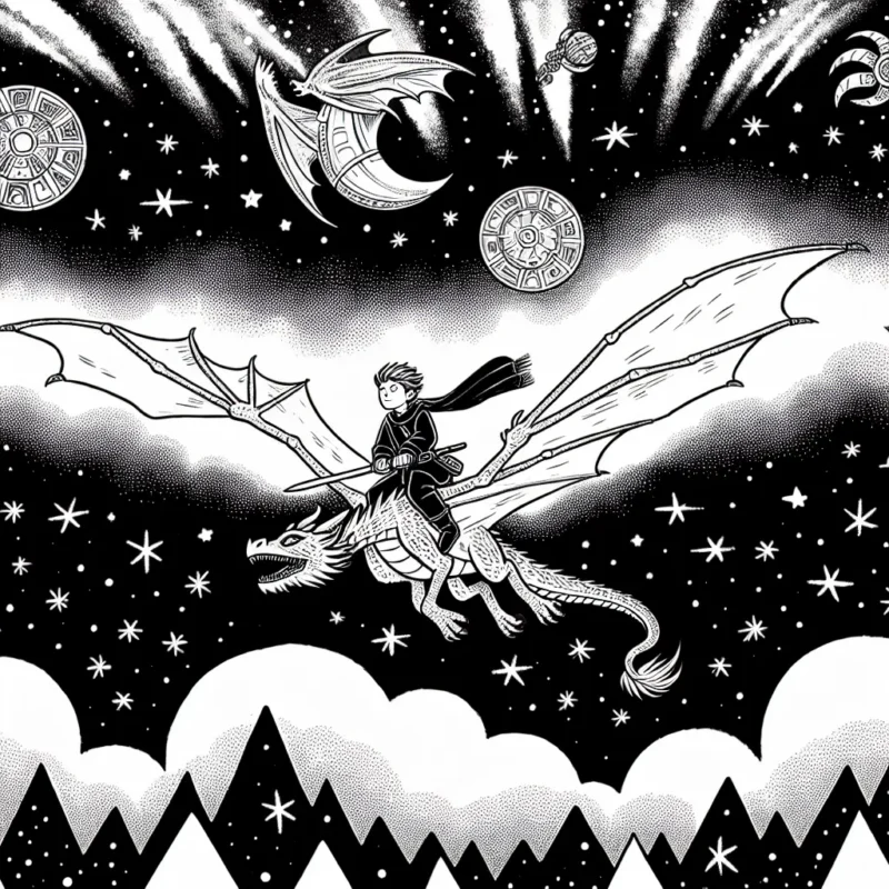 Un jeune héros volant sur un dragon féroce traverse un ciel étoilé tout en protégeant un trésor des pirates de l'espace volants