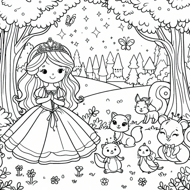 Une princesse féerique jouant avec des amis animaux dans une forêt enchantée