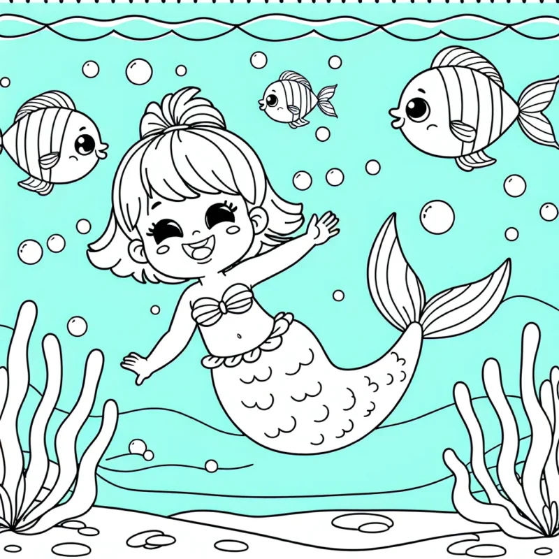 Petite sirène nageant joyeusement avec ses amis poissons dans l'océan bleu