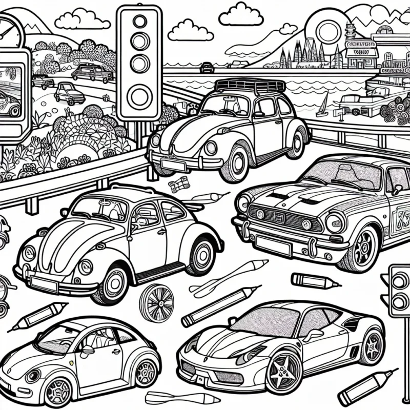 Dessine une gamme de véhicules de différentes marques bien connues, comme par exemple : la Volkswagen Beetle, la Fiat 500, la Mini Cooper, la Porsche 911, la Ferrari F40 et la Chevrolet Camaro. Il y a aussi des extras comme des plaques signalétiques, des feux de signalisation, des stations-service et des routes qui ont des formes intéressantes à colorer. Dans chaque scène, essaie de représenter un environnement typique où tu pourrais voir chaque voiture : une plage pour la Beetle, une rue animée de la ville pour la 500, une route de campagne pour la Mini, une piste de course pour la Porsche, une autoroute pour la Ferrari et une route de montagne pour la Camaro.