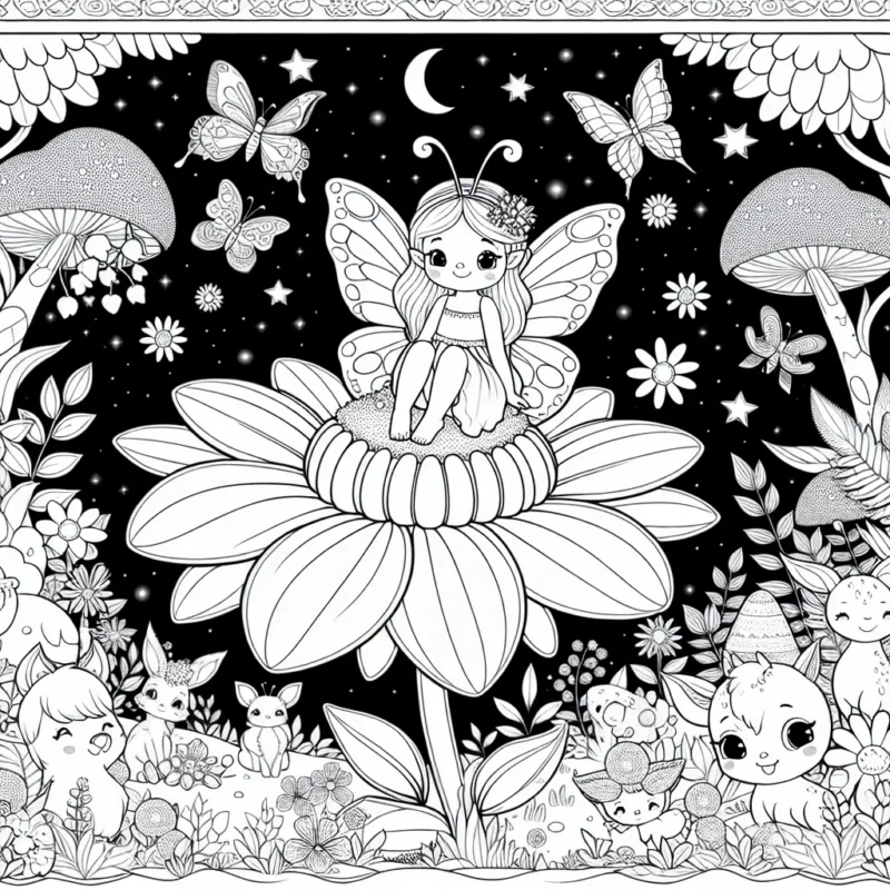 Une petite fée aux ailes de papillon est assise sur une grande fleur au milieu d'un jardin magique, entourée d'animaux enchantés et de plantes lumineuses.