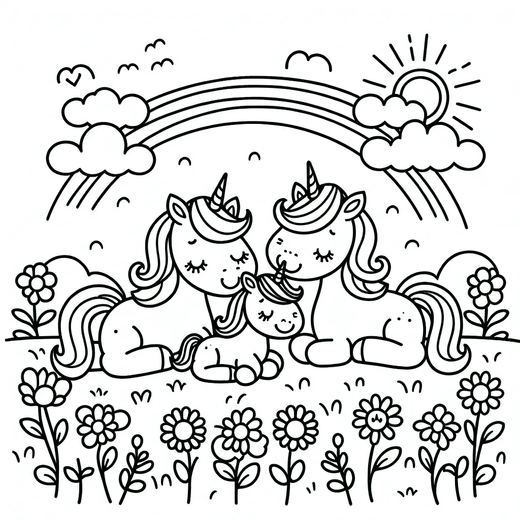 Une famille de licornes joue dans un merveilleux jardin de fleurs