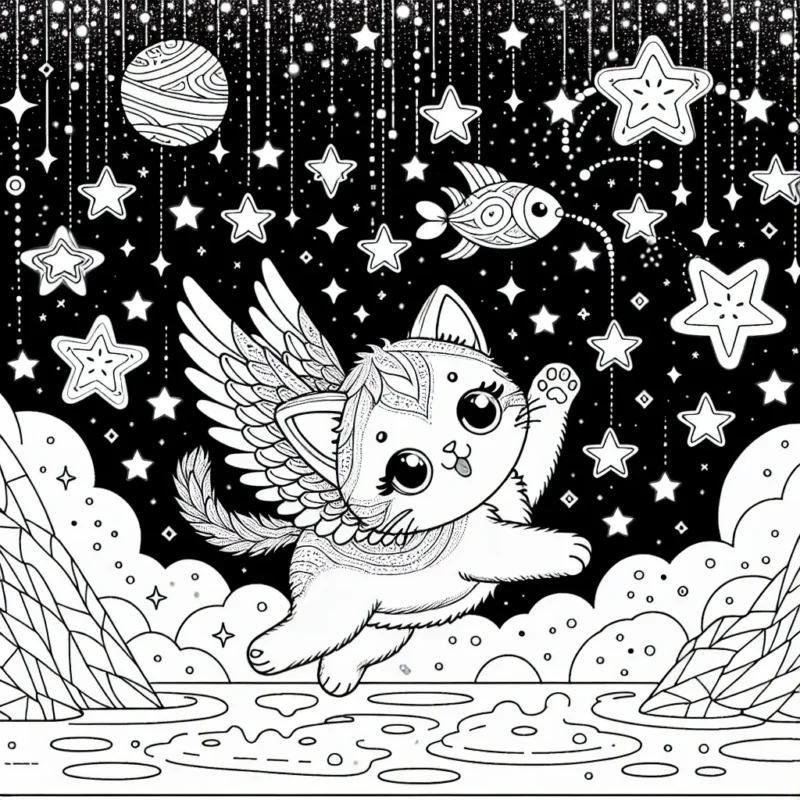 Dans un royaume lointain, un adorable chaton ailé s'amuse à sauter parmi les étoiles. L'univers empli de couleurs lumineuses et étincelantes crée une atmosphère féerique. Le paysage est également agrémenté d'une mystérieuse planète aux motifs colorés et d'une constellation en forme de poisson, le régal préféré du chaton.