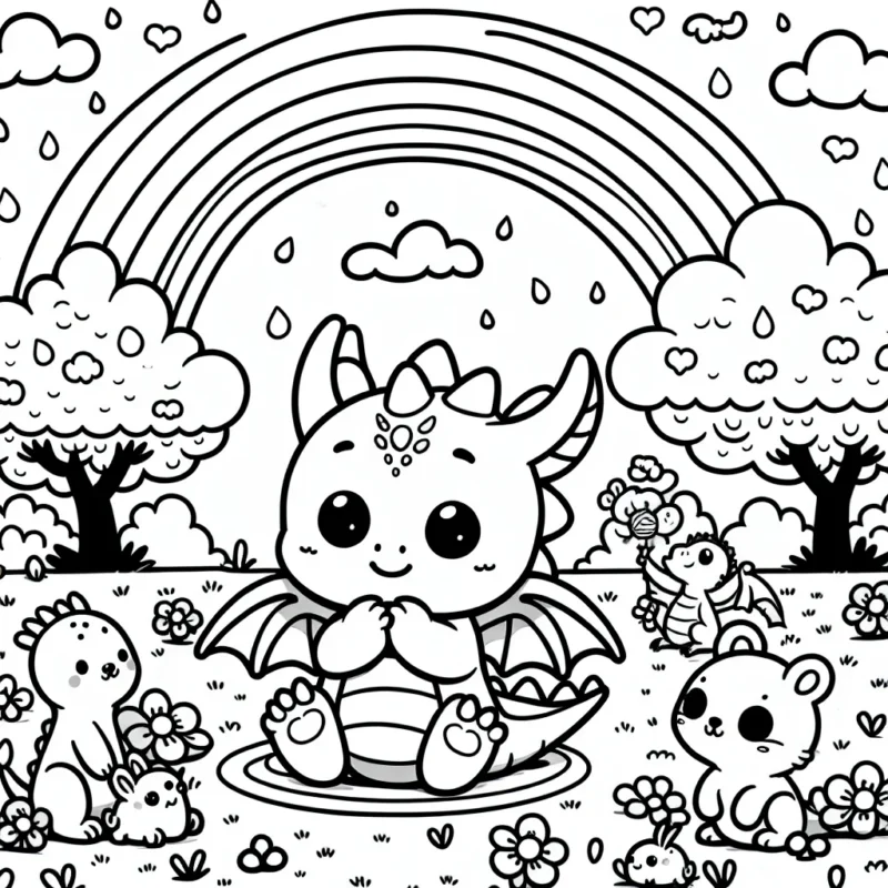Un petit dragon jouant dans un parc avec un arc-en-ciel et des amis animaux