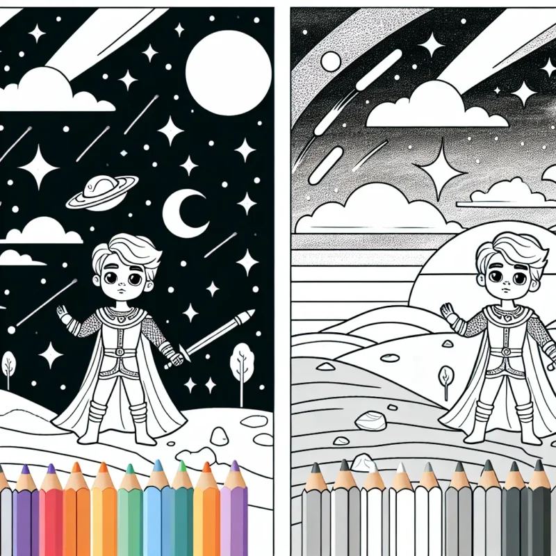 Un petit prince sur une planète lointaine contemplant un coucher de soleil coloré alors qu'un vaisseau spatial traverse le ciel