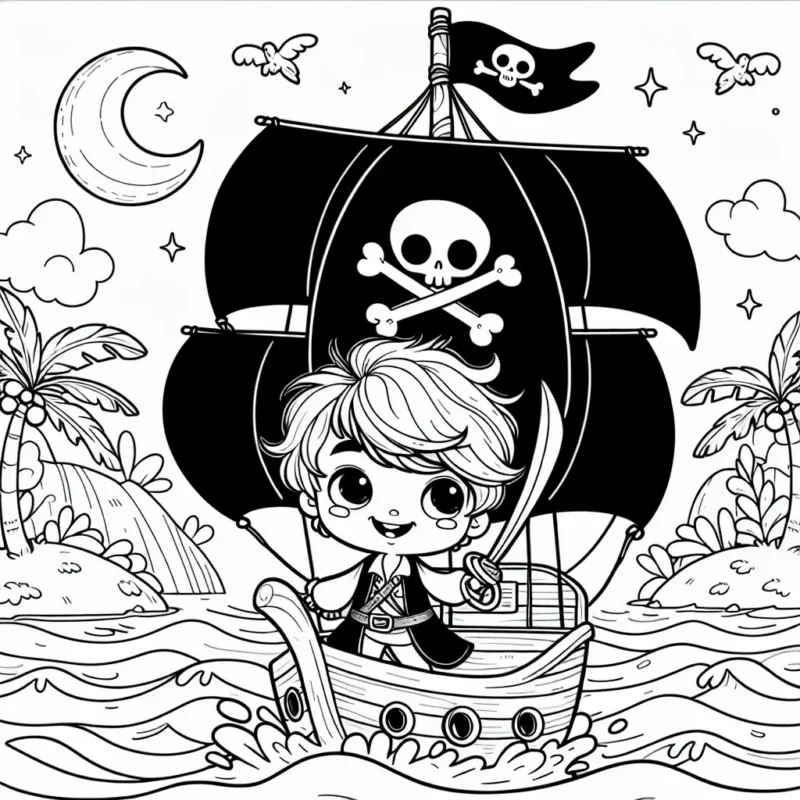 Un petit pirate audacieux navigue sur une mer agitée vers une île mystique pleine de trésors.