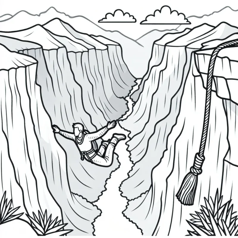Un aventurier faisant du saut à l'élstique au-dessus d'un canyon, avec des montagnes en arrière-plan