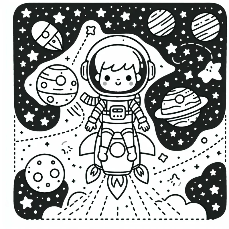 Un jeune astronaute explorant l'espace avec son vaisseau spatial au milieu d'une variété d'étoiles, planètes et comètes.