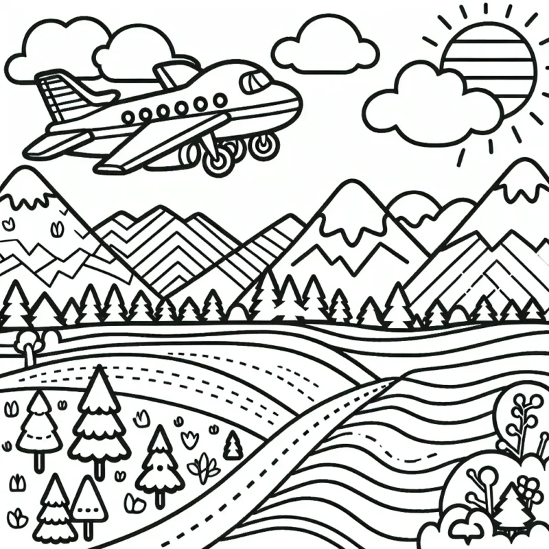 Dessine un avion survolant un paysage diversifié où on peut voir des montagnes, une forêt et un océan.