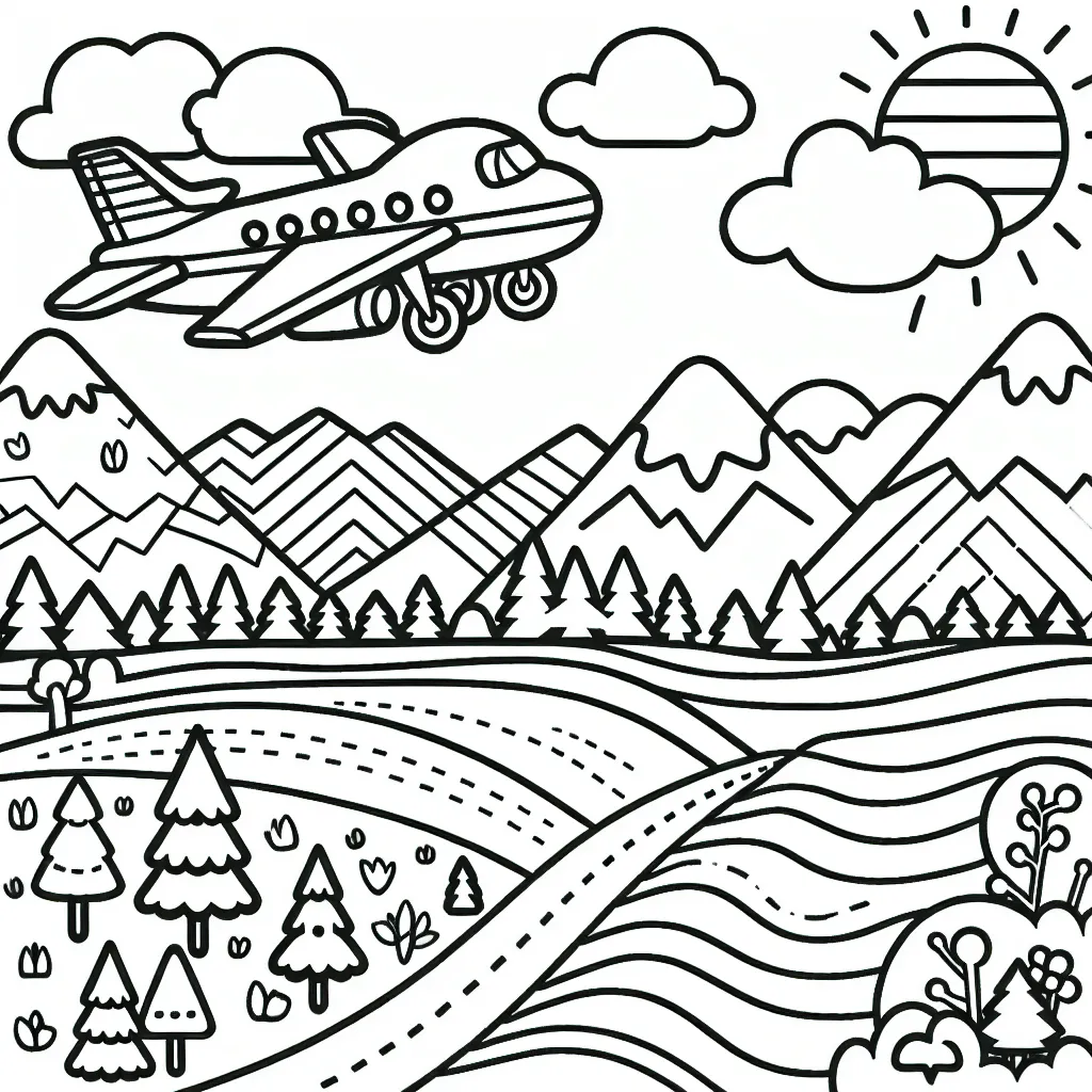 Dessine un avion survolant un paysage diversifié où on peut voir des montagnes, une forêt et un océan.