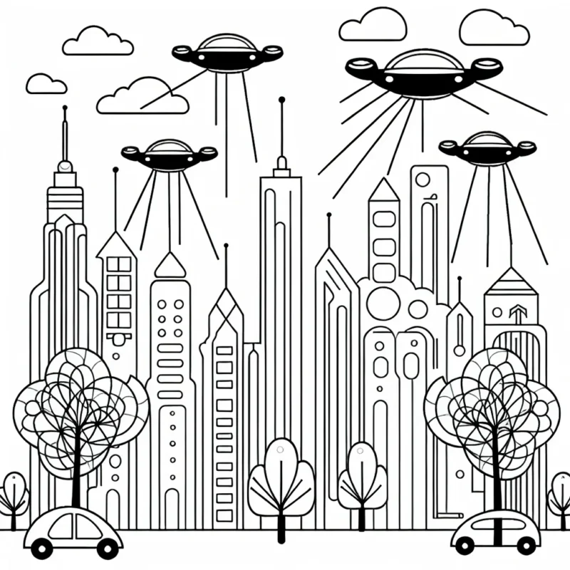 Un paysage de ville futuriste avec des voitures volantes et des arbres en fibre optique