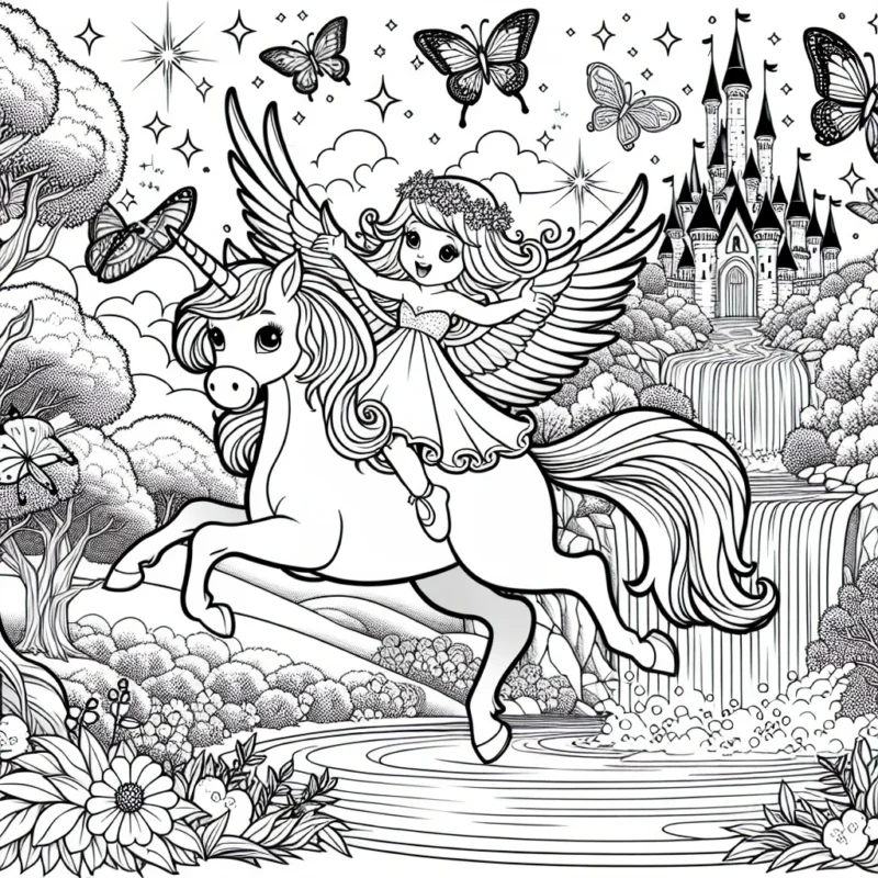 Une princesse féerique volant au-dessus d'une cascade enchantée sur un cheval ailé, avec un château brillant dans le lointain et des papillons scintillants plein le ciel.