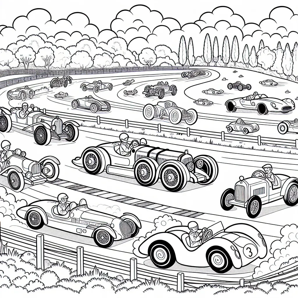 Imaginez un incroyable circuit de courses de voitures avec des véhicules tous plus colorés les uns que les autres. Il y a des voitures de sport éblouissantes qui filent à toute vitesse, d'adorables voitures anciennes aux formes rondes, et même des voitures fantastiques surgissant de l'imagination. Le paysage environnant est composé de jolis arbres, d'une foule enthousiaste et de nuages de poussière laissés par les voitures.