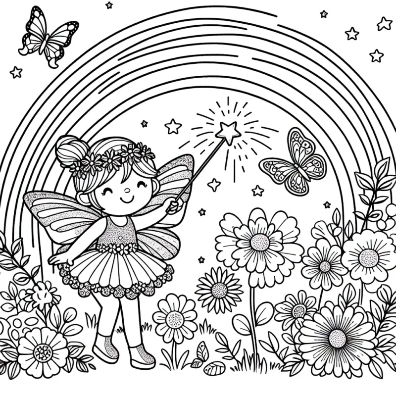 Un joli jardin fleuri avec une petite fée souriante portant une robe scintillante et agitant sa baguette magique. De beaux papillons voletant autour d'elle et un majestueux arc-en-ciel en arrière-plan.