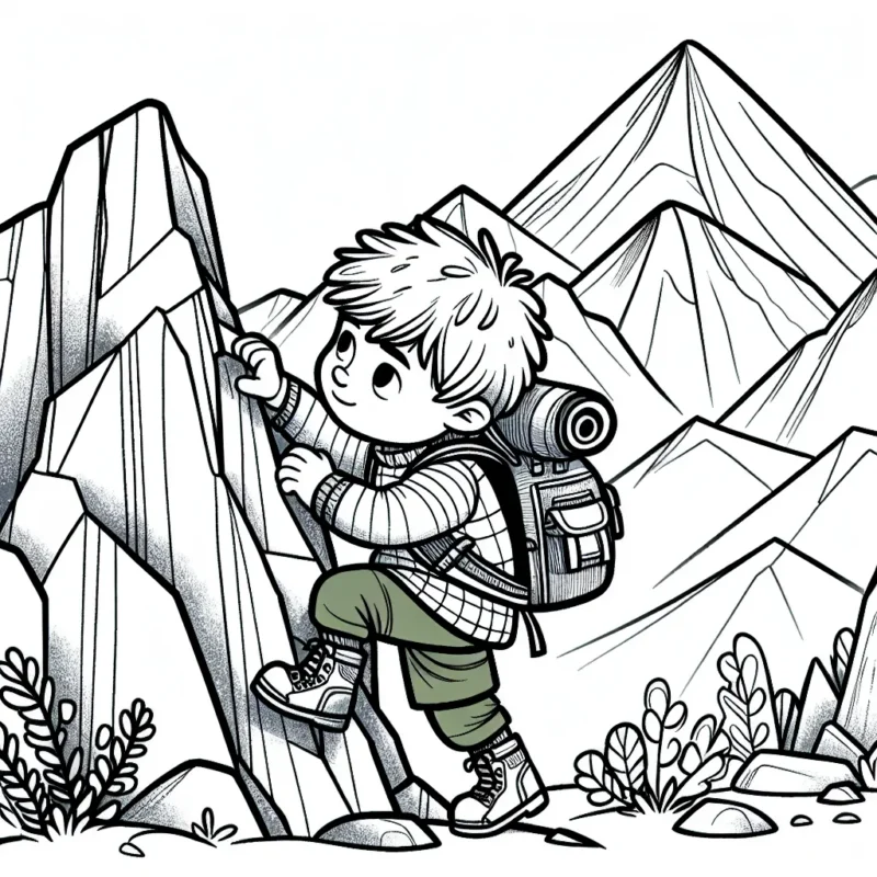 Un petit garçon courageux tente de grimper sur une haute montagne, équipé d'un sac à dos, vêtu de vêtements chauds et dégageant une attitude audacieuse.