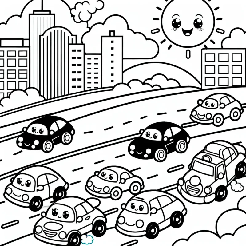 Dessine une course de voitures animées avec des visages souriants à travers la ville