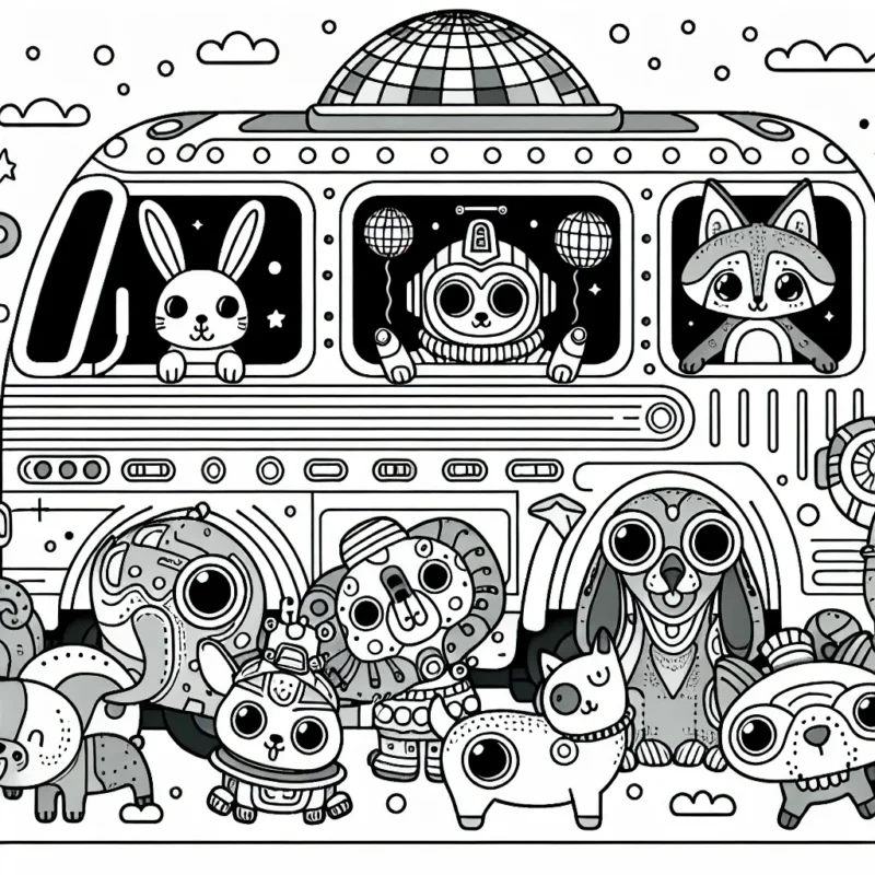Un bus disco futuriste avec des animaux qui font la fête à l'intérieur