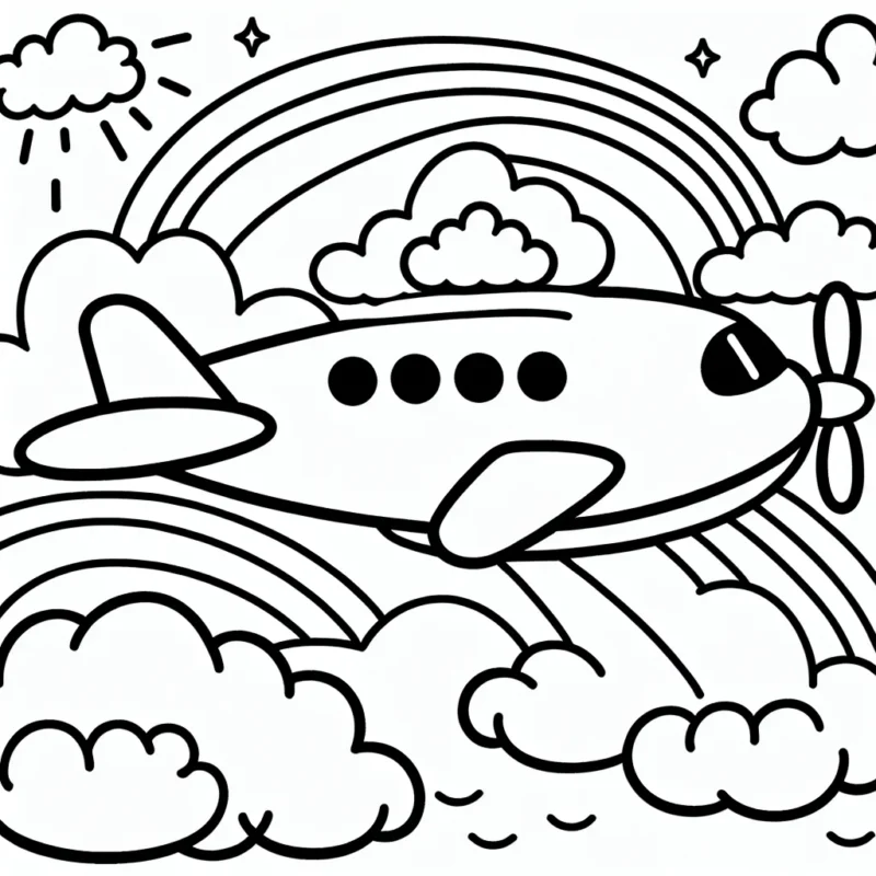 dessine un avion en plein vol au-dessus des nuages avec un arc-en-ciel à l'arrière-plan
