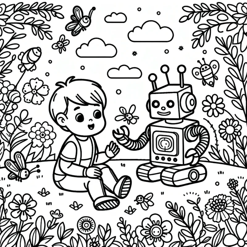 Un petit garçon rêveur jouant avec son robot préféré dans un jardin parsemé de fleurs et d'insectes multicolores.