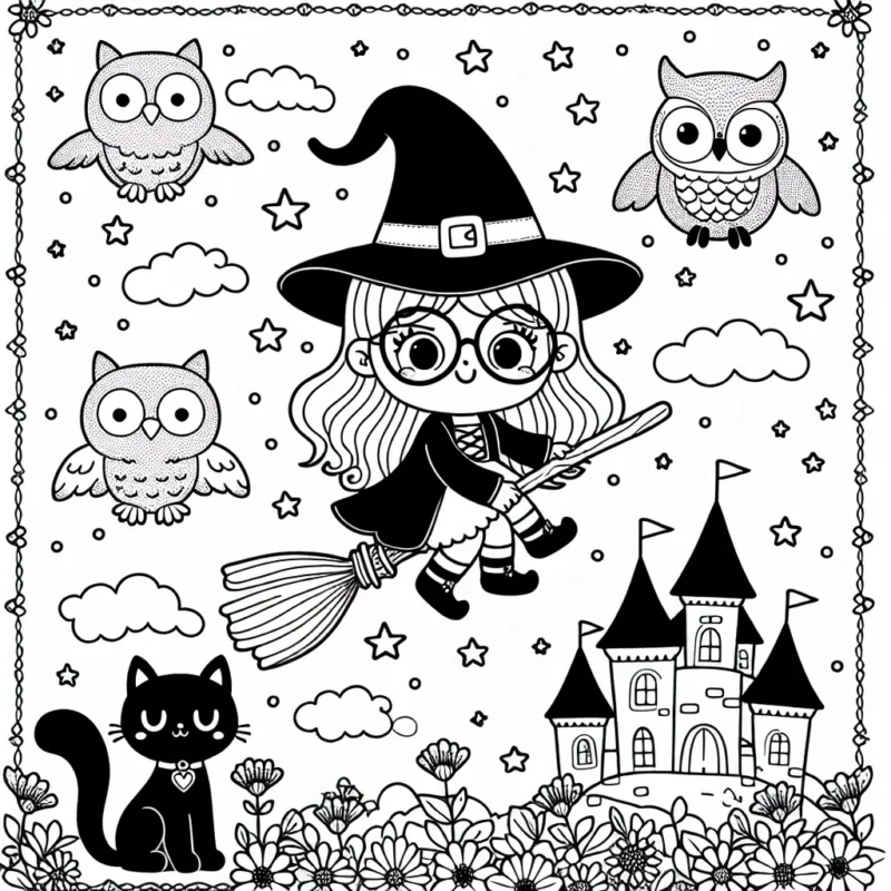 Dans ce coloriage, tu découvriras une petite sorcière à lunettes qui vole sur son balai magique au dessus d'un château enchanté. Elle est accompagnée de son chat noir et de sa chouette blanche. N'oublie pas de colorier les fleurs et les étoiles qui décorent le ciel !