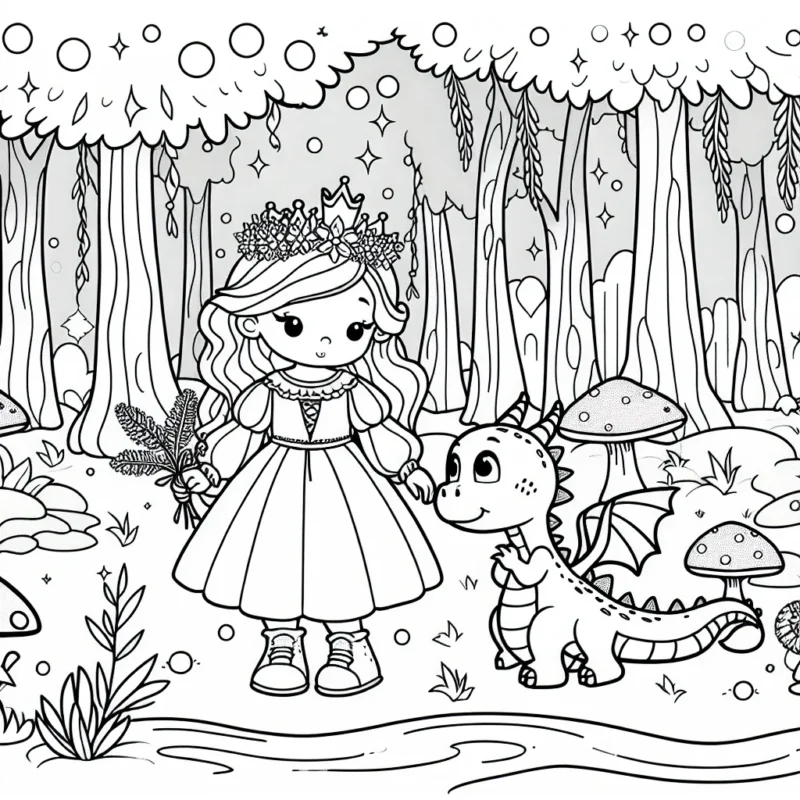 Imagine une scène où une princesse accompagne son petit dragon dans une aventure passionnante à travers la forêt enchantée.
