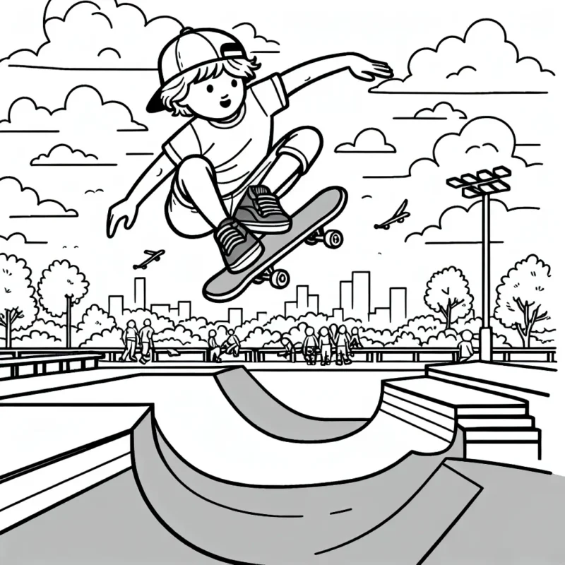 Dessine et colore un skateur exécutant une figure impressionnante dans un skatepark plein d'action