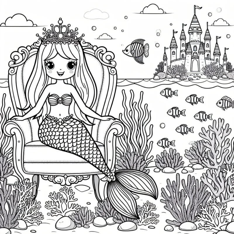 Un royaume de sirènes au fond de l'océan, rempli de poissons exotiques, coraux colorés et d'une magnifique princesse sirène sur son trône.
