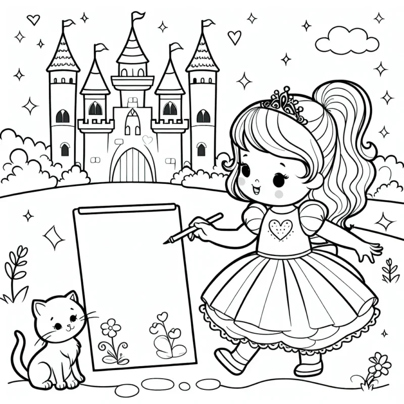 Une petite princesse joue avec son chaton devant son château magique