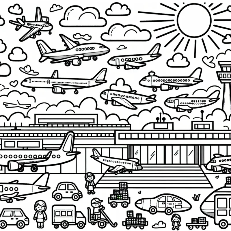 Un jour ensoleillé à l'aéroport, de nombreux avions de différentes tailles et formes se préparent à décoller. L'enfant doit peindre les avions, le ciel, le soleil, les employés de l'aéroport et la tour de contrôle.