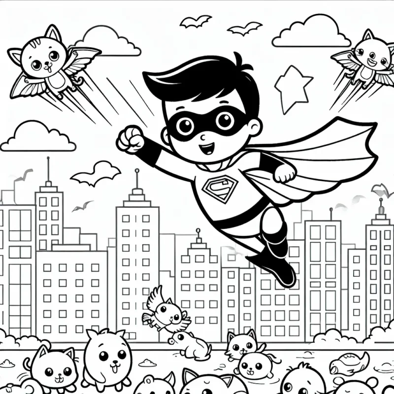 Un superhéro vole au-dessus de la ville, utilisant ses pouvoirs pour sauver des animaux dans le besoin