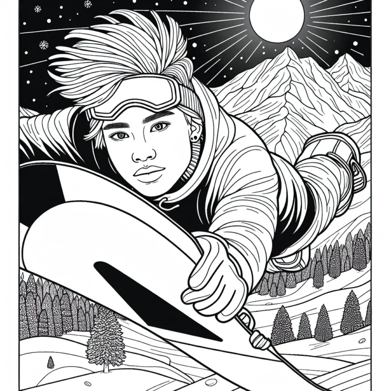 Un jeune sportif effectue une cascade époustouflante sur son snowboard avec une facialité pleine de concentration et de passion. À l'arrière plan, un paysage montagneux avec un sommet enneigé sous le soleil d'hiver.