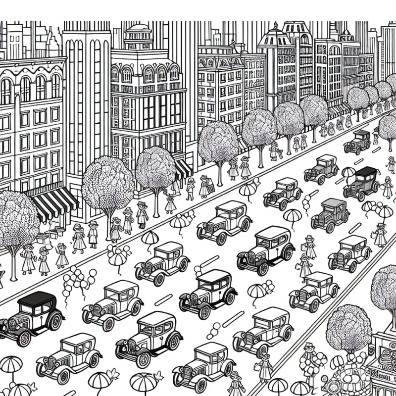 Un défilé de voitures d'époque dans une ville animée