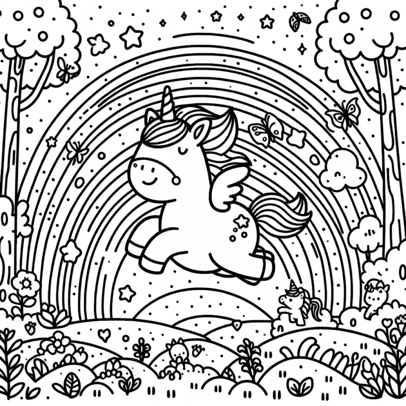 Dessine une jolie licorne sautant par-dessus un arc-en-ciel dans une forêt enchantée où vivent de petits animaux féeriques.