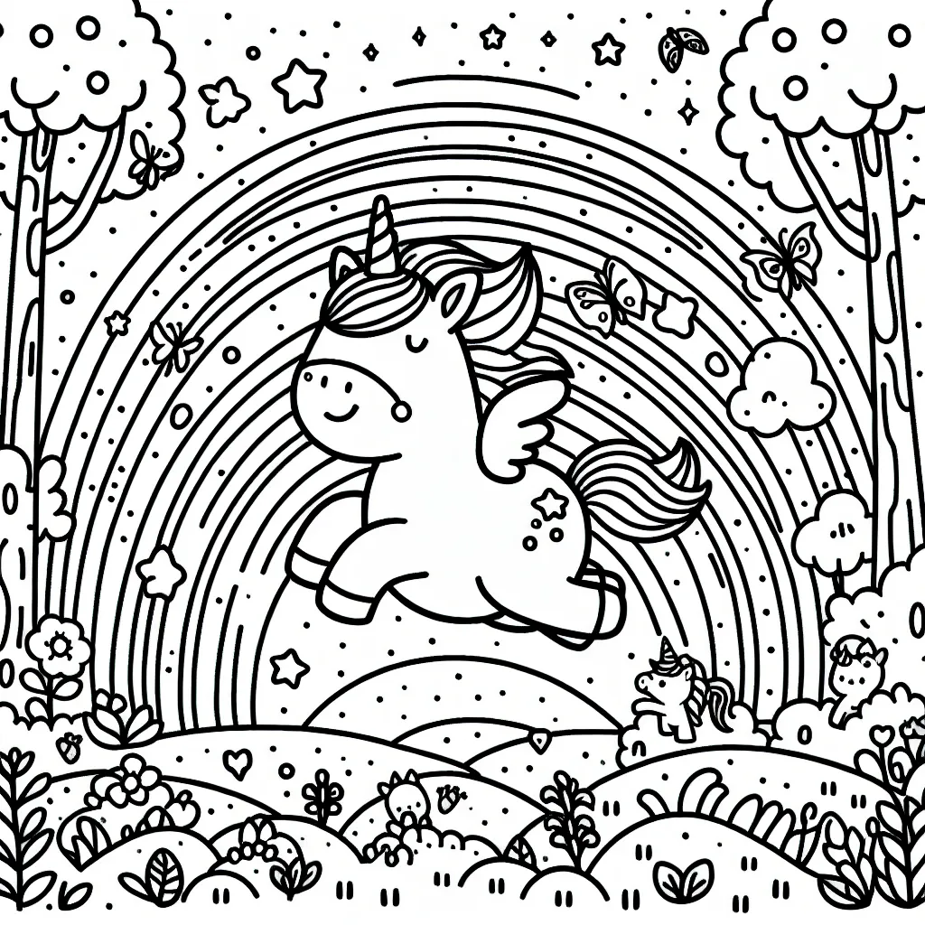 Dessine une jolie licorne sautant par-dessus un arc-en-ciel dans une forêt enchantée où vivent de petits animaux féeriques.