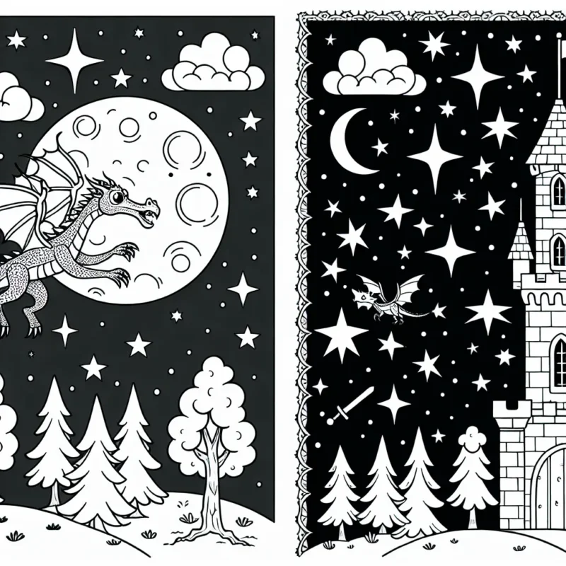 Colorie un dragon volant dans le ciel nuit, avec une pleine lune brillante, encadrée d'étoiles scintillantes. Sur le sol, dessine un château médiéval avec une tour haute surplombée d'un drapeau flottant. Dessine aussi une forêt mystérieuse à côté du château.