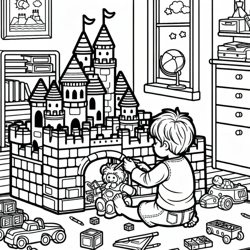 Un petit garçon construit une formidable forteresse avec ses jouets dans sa chambre.