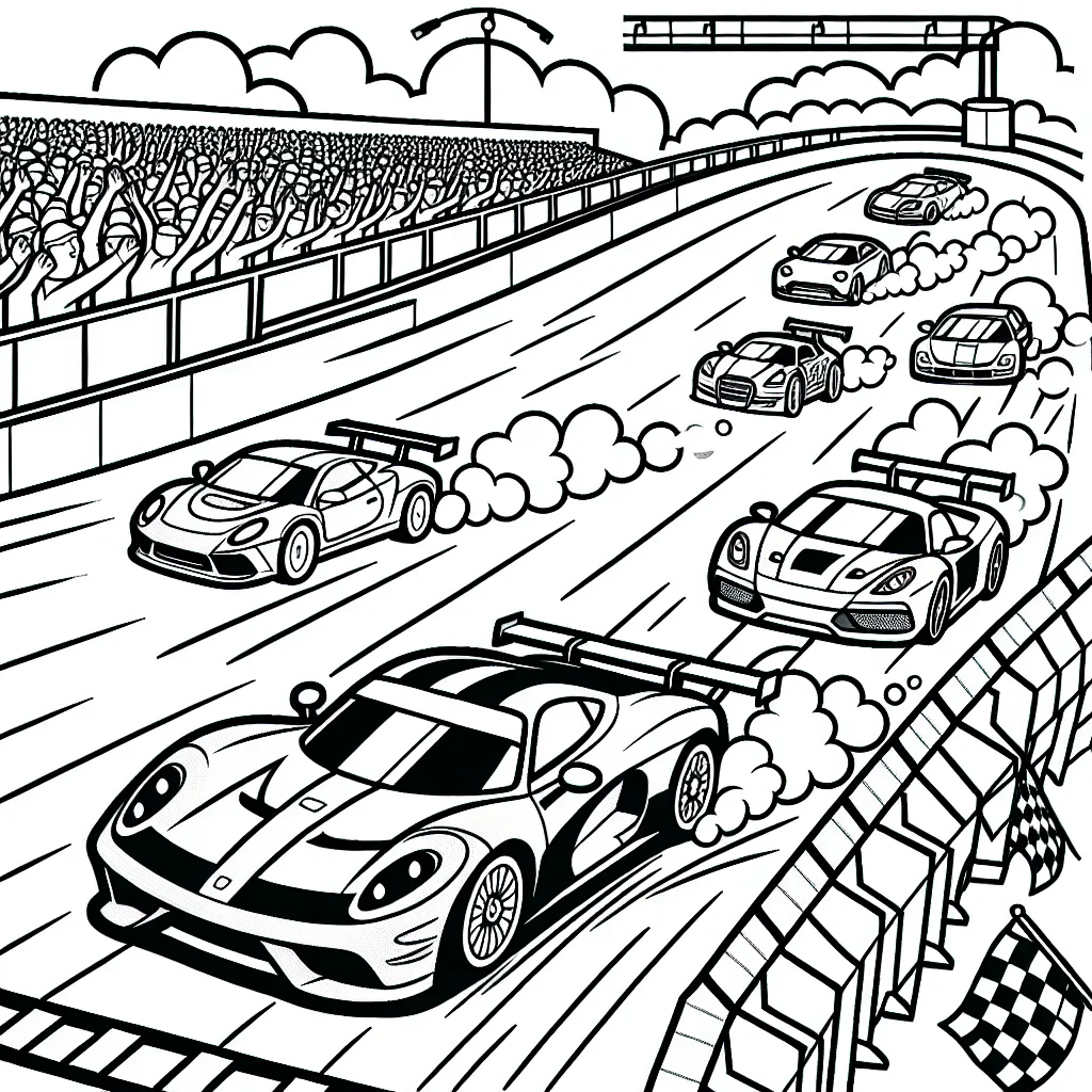 Dessine une course animée de voitures de sport avec une voiture rouge, une voiture bleue et une voiture verte zoomant sur la piste de course, entourées de gradins remplis de spectateurs. N'oublie pas d'inclure des nuages de poussière derrière les voitures et des panneaux de signalisation le long de la piste.