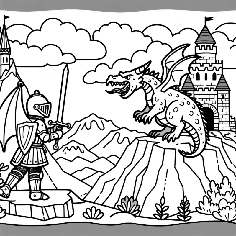 Un preux chevalier affronte un dragon sur un pic montagneux, avec un château médiéval en arrière-plan.