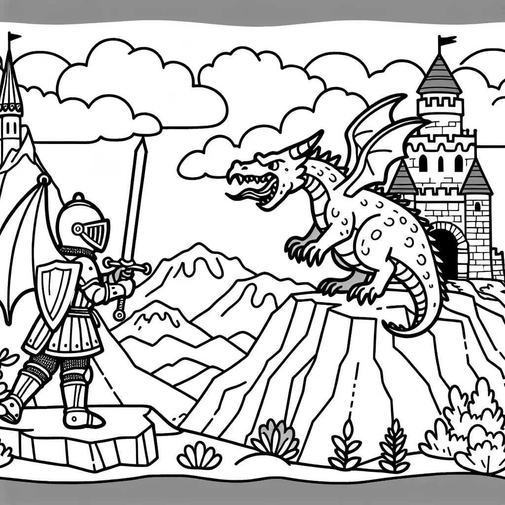 Un preux chevalier affronte un dragon sur un pic montagneux, avec un château médiéval en arrière-plan.