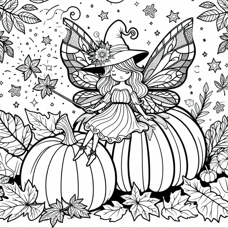 Une fée d'automne à colorier, assise sur une citrouille entourée de feuilles, avec sa baguette magique.